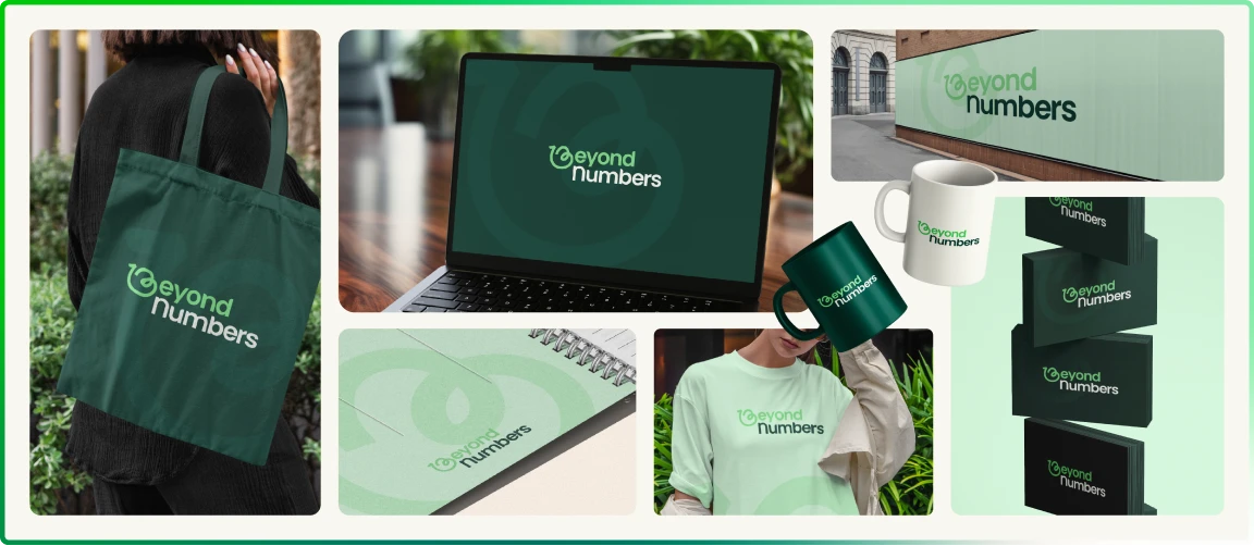 Supports de communication de Beyond Numbers : tote bag, goodies, papeterie, affichage et carte de visite avec la nouvelle identité visuelle