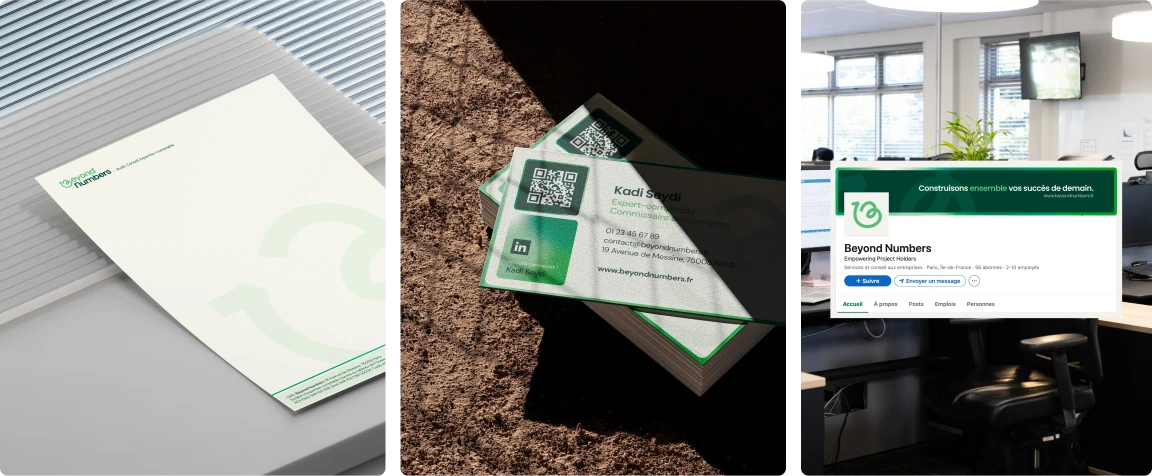 Supports individuels de Beyond Numbers : papier à en-tête, carte de visite et habillage LinkedIn avec la nouvelle identité visuelle