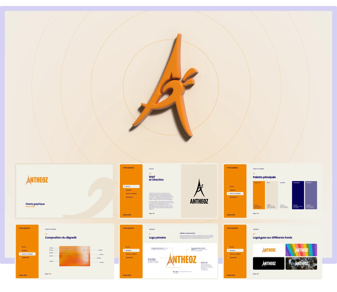 Extrait de la charte graphique Antheoz : logo stylisé en 3D, palette orange et bleu, composition du dégradé et déclinaisons visuelles.