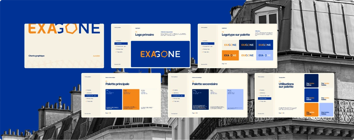 Extraits de la charte graphique du cabinet Exagone : logo, déclinaisons, typographies et palettes couleurs, conçus pour un usage cohérent sur tous les supports.