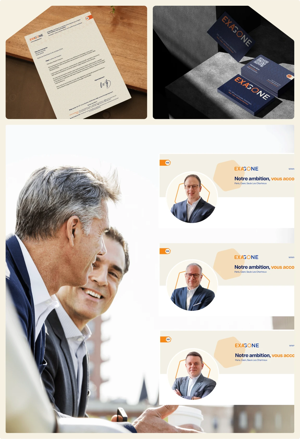 Mise en situation des supports de communication imprimés et digitaux d’Exagone : papier à en-tête, cartes de visite et bannières LinkedIn personnalisées pour les collaborateurs du cabinet