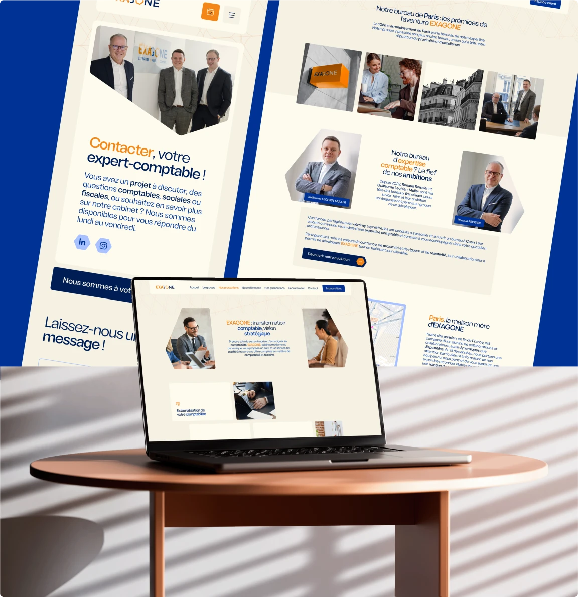 Vue du site web Exagone sur ordinateur et mobile, présentant le cabinet d’expertise comptable et ses bureaux à Paris, dans une interface claire et professionnelle.