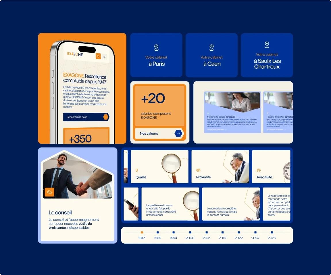 Présentation des différentes versions responsive du site internet du cabinet Exagone, avec des aperçus adaptés au mobile, tablette et desktop, illustrant l’accessibilité des contenus et l’optimisation multi-écrans.