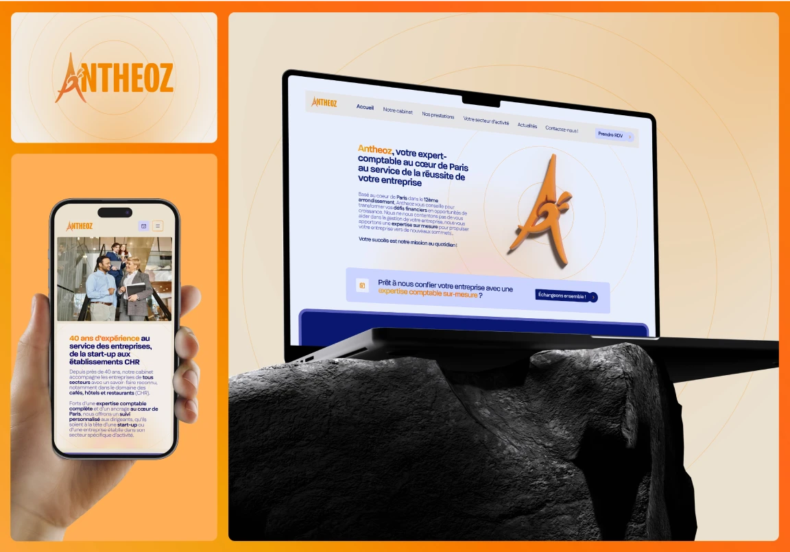 Aperçu du site internet Antheoz sur mobile et ordinateur, avec pages d’accueil et messages clés orientés expertise comptable.