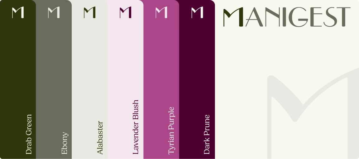 Palette de couleurs de la nouvelle identité visuelle de Manigest : Drab Green, Ebony, Alabaster, Lavender Blush, Tyrian Purple, Dark Prune
