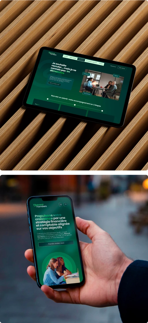 Affichage du site internet de Beyond Numbers sur tablette et smartphone après la refonte