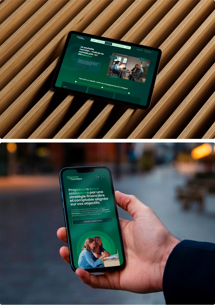 Affichage du site internet de Beyond Numbers sur tablette et smartphone après la refonte