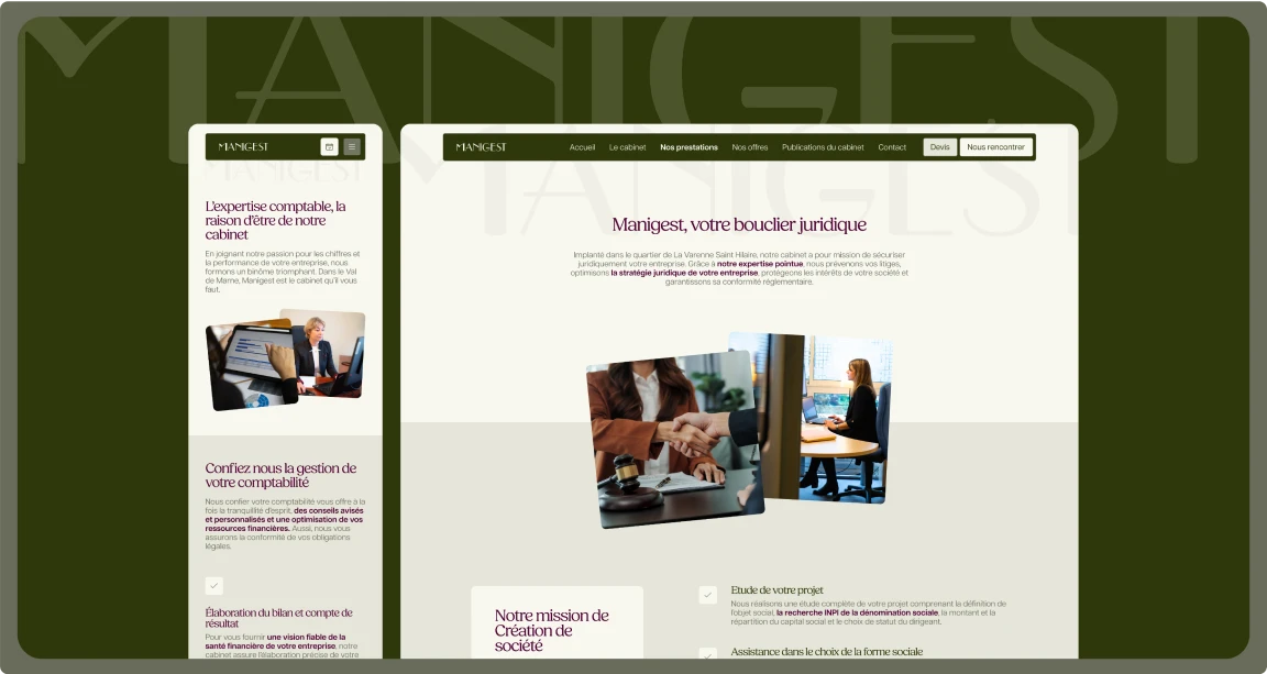 Vue du site internet Manigest après refonte : affichage desktop et mobile responsive