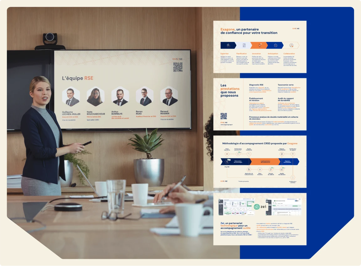 Présentation PowerPoint professionnelle du cabinet Exagone, illustrant un template aux couleurs de l'identité visuelle, avec slides types pour la RSE, l’offre de services et la méthodologie d’accompagnement.