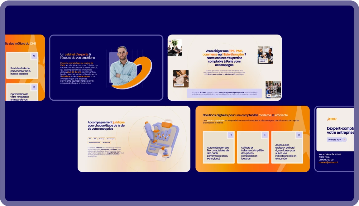 Aperçu des interfaces du site Antheoz présentant les prestations, les secteurs clients et les solutions digitales pour la comptabilité