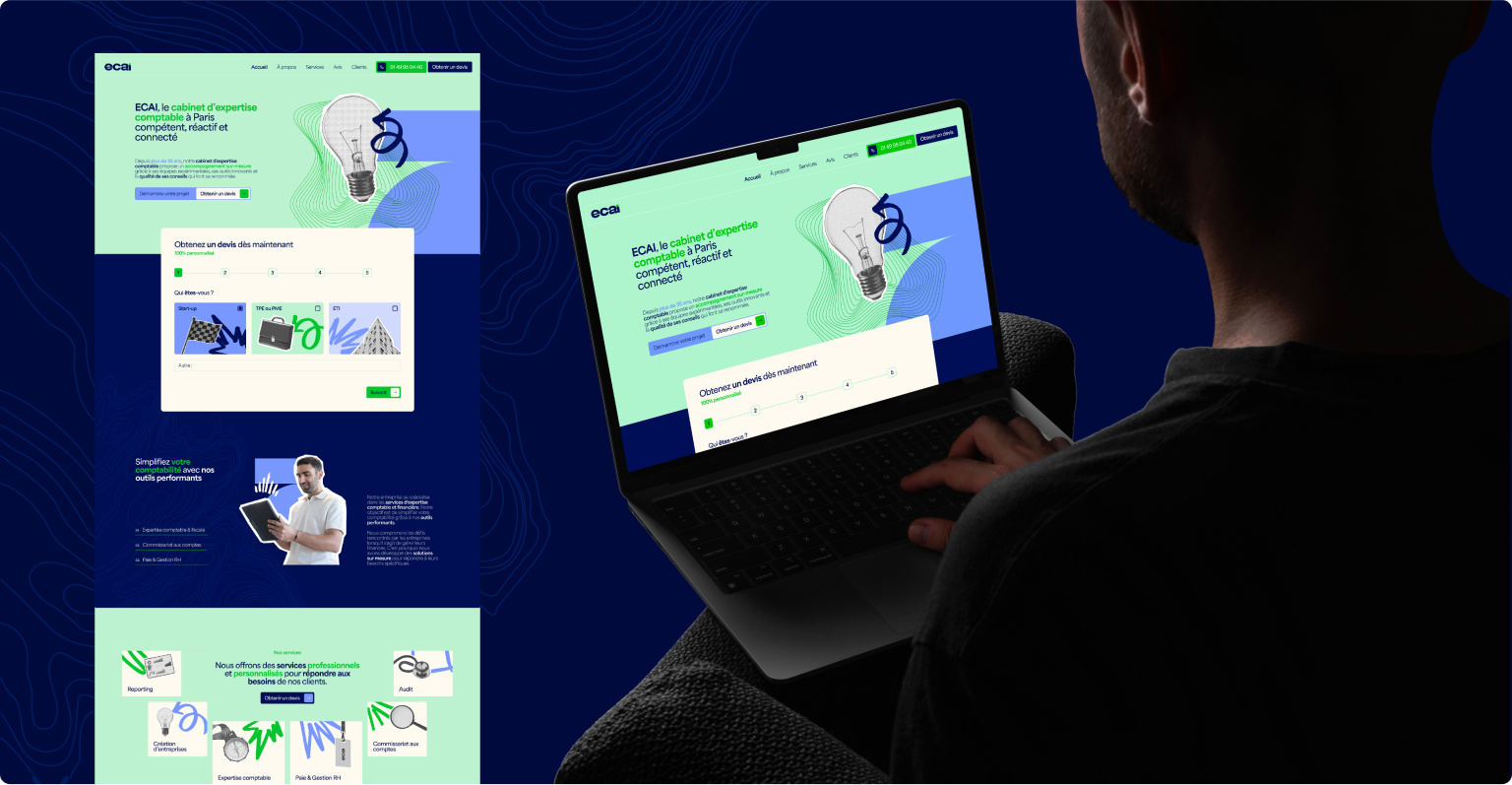 Mock-up de la landing page ECAI dédiée au devis en ligne, affichée sur grand écran et ordinateur portable.