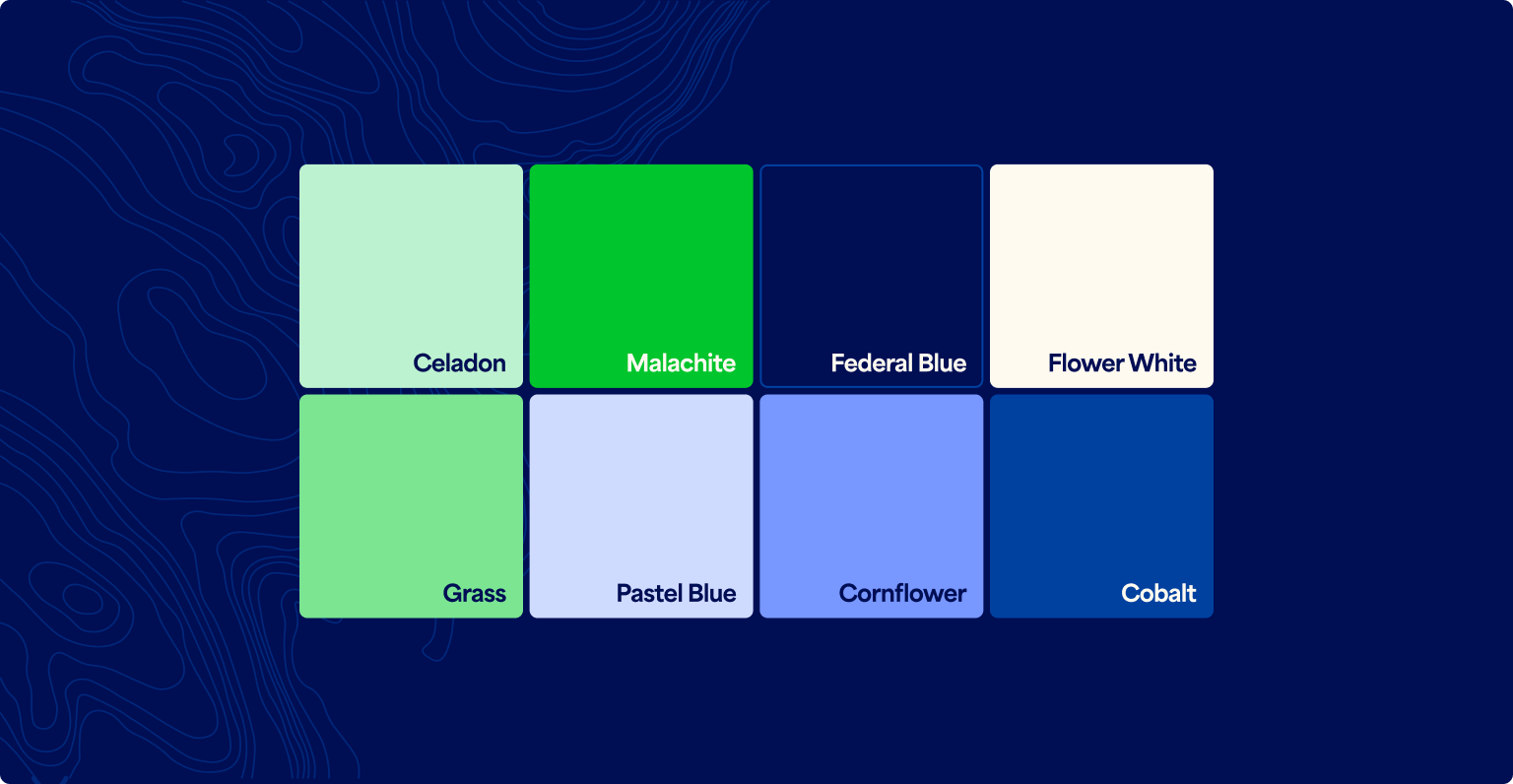 Palette couleurs ECAI : Celadon, Malachite, Federal Blue, Flower White, Grass, Pastel Blue, Cornflower et Cobalt.