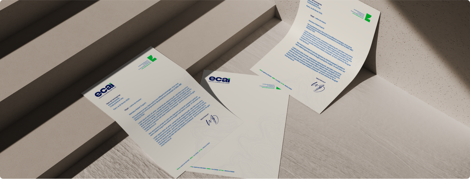 Papier à en-tête ECAI avec nouveau logo et trame graphique, papeterie corporate.