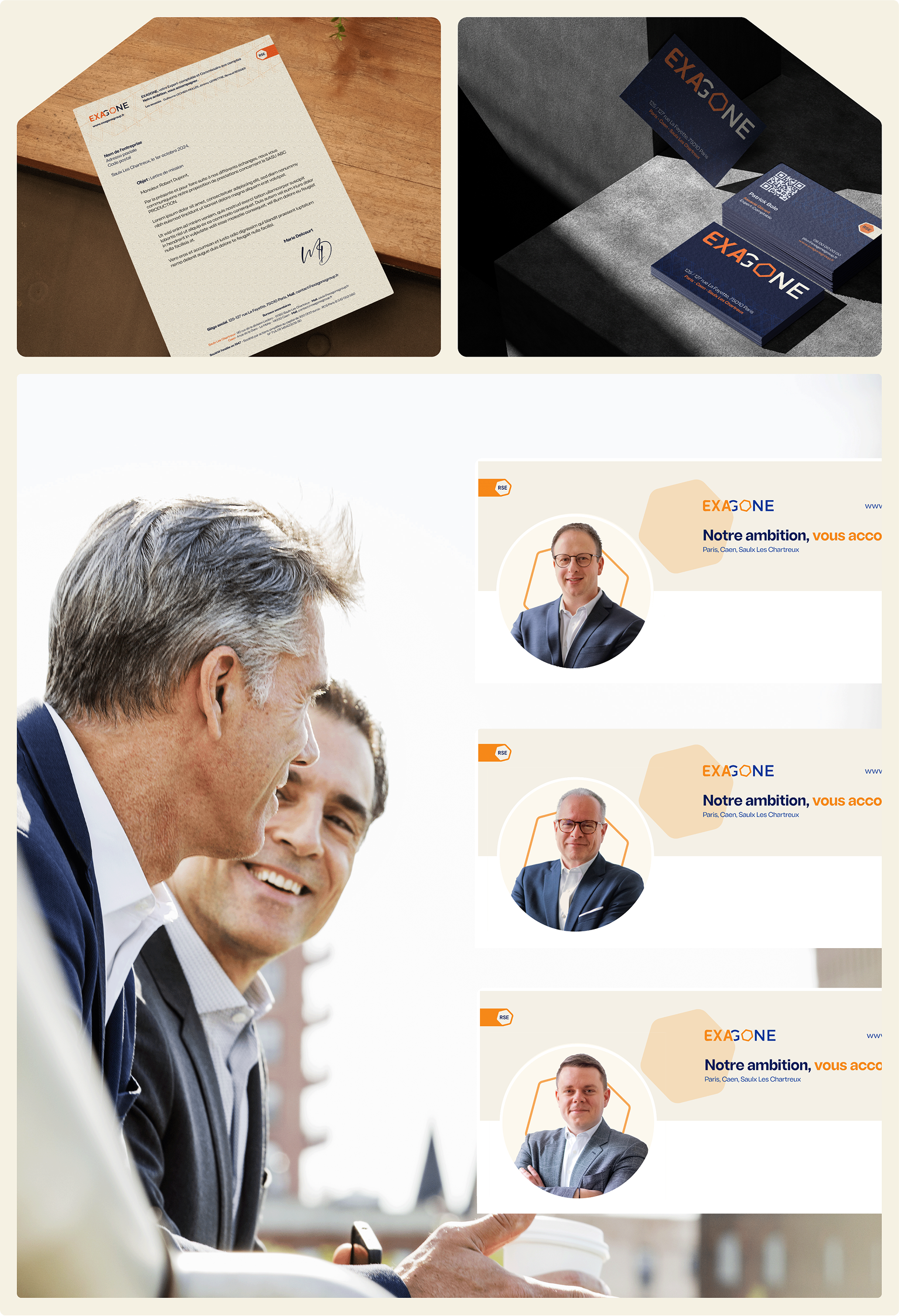 Mise en situation des supports de communication imprimés et digitaux d’Exagone : papier à en-tête, cartes de visite et bannières LinkedIn personnalisées pour les collaborateurs du cabinet
