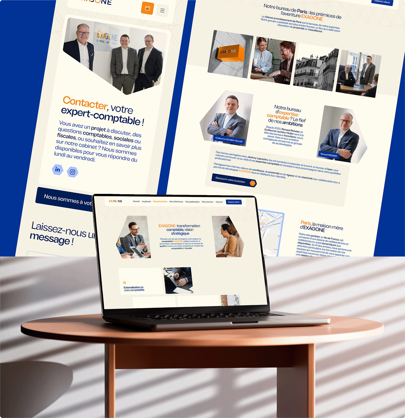 Vue du site web Exagone sur ordinateur et mobile, présentant le cabinet d’expertise comptable et ses bureaux à Paris, dans une interface claire et professionnelle.