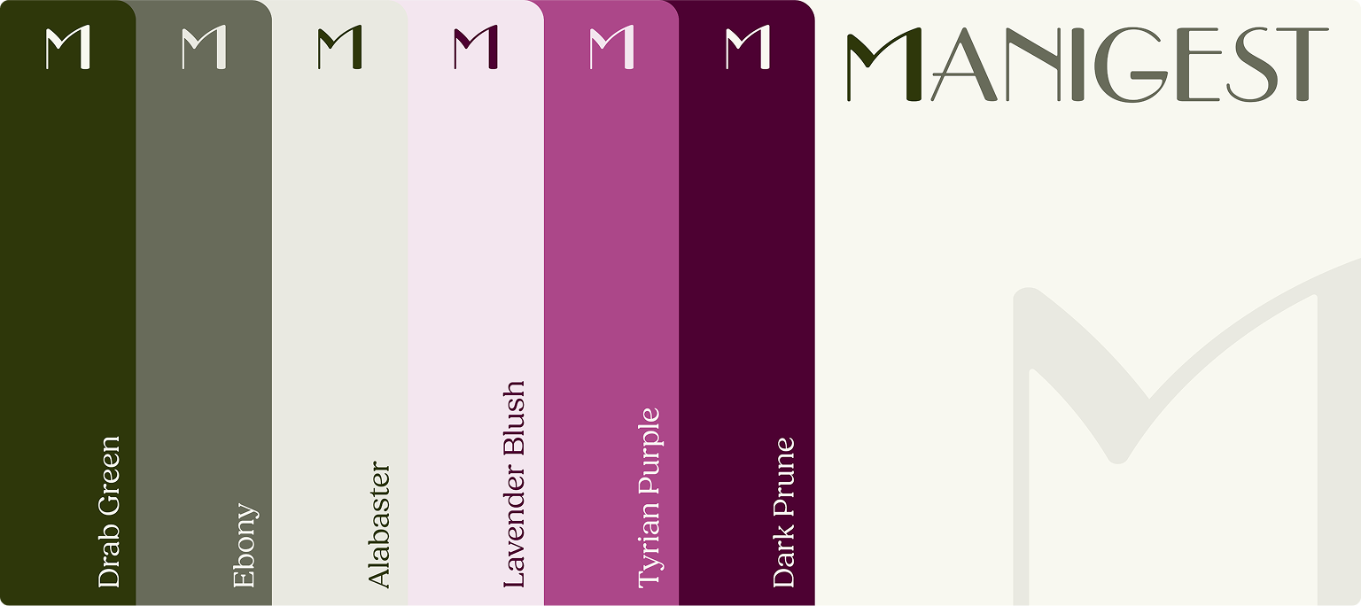 Palette de couleurs de la nouvelle identité visuelle de Manigest : Drab Green, Ebony, Alabaster, Lavender Blush, Tyrian Purple, Dark Prune