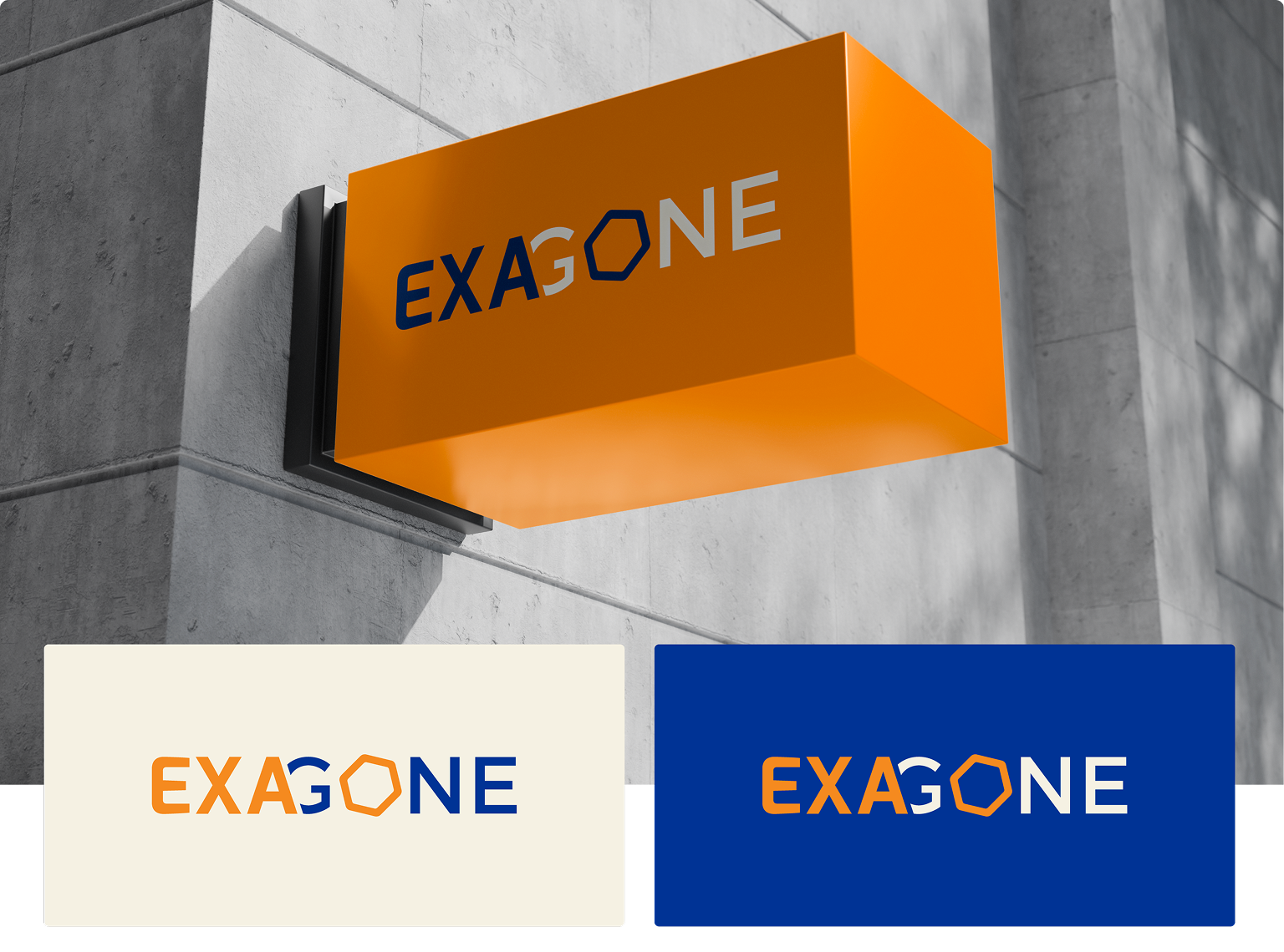 Enseigne professionnelle avec le logo du cabinet d'expertise comptable Exagone décliné en orange, bleu et blanc, mettant en valeur son identité visuelle moderne et structurée