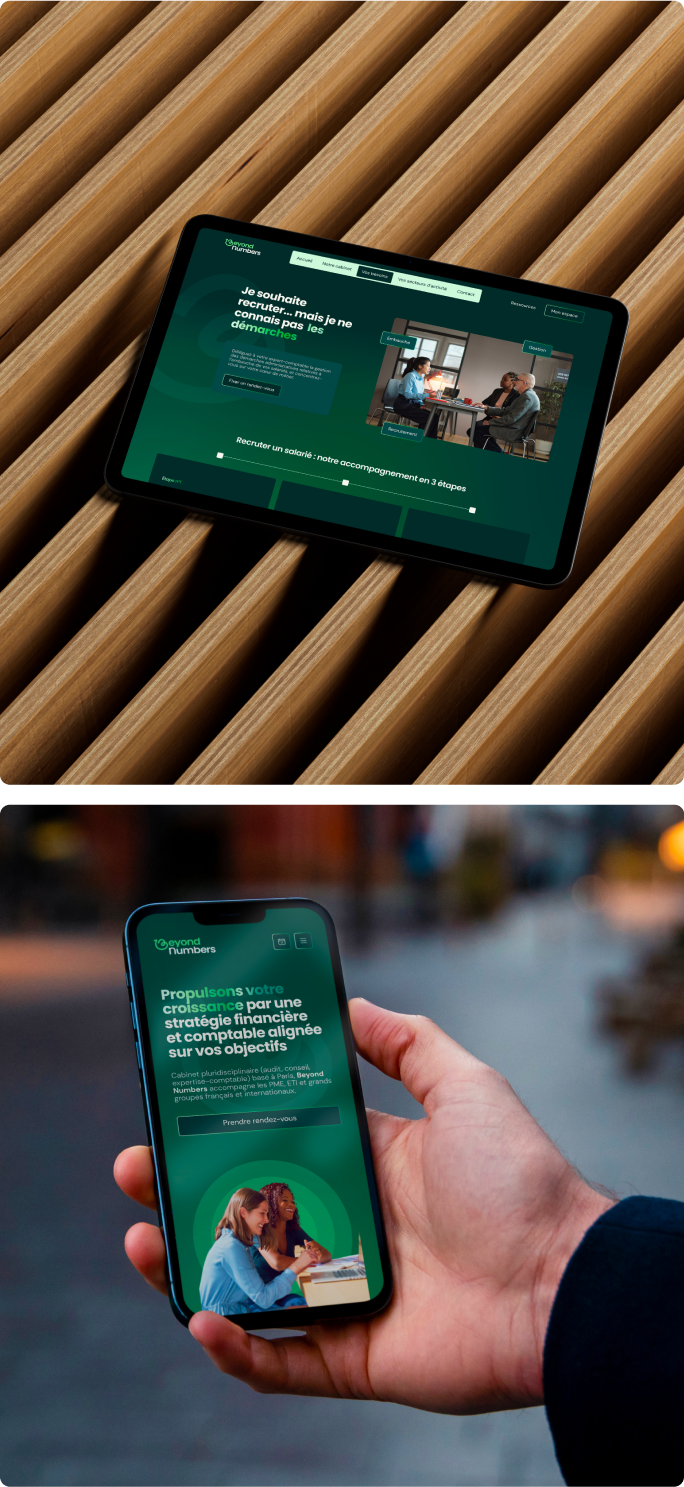 Affichage du site internet de Beyond Numbers sur tablette et smartphone après la refonte