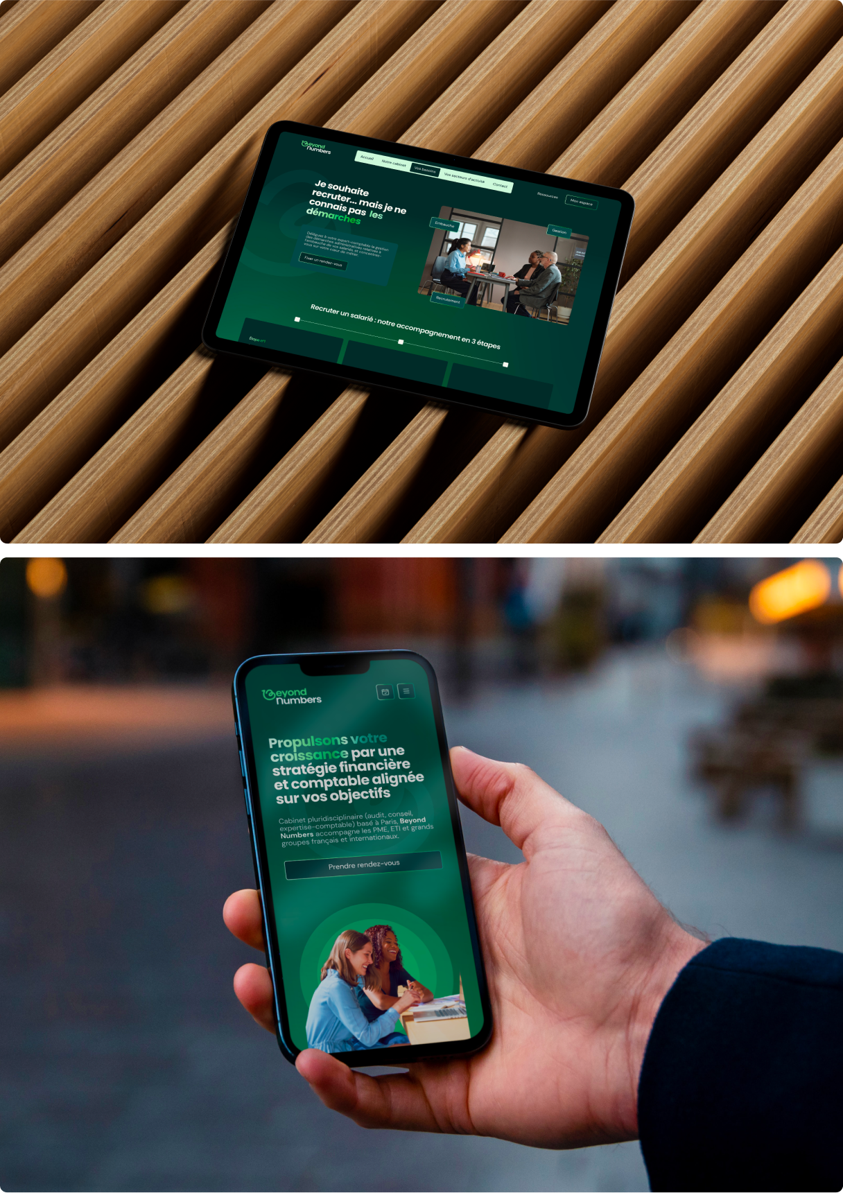 Affichage du site internet de Beyond Numbers sur tablette et smartphone après la refonte