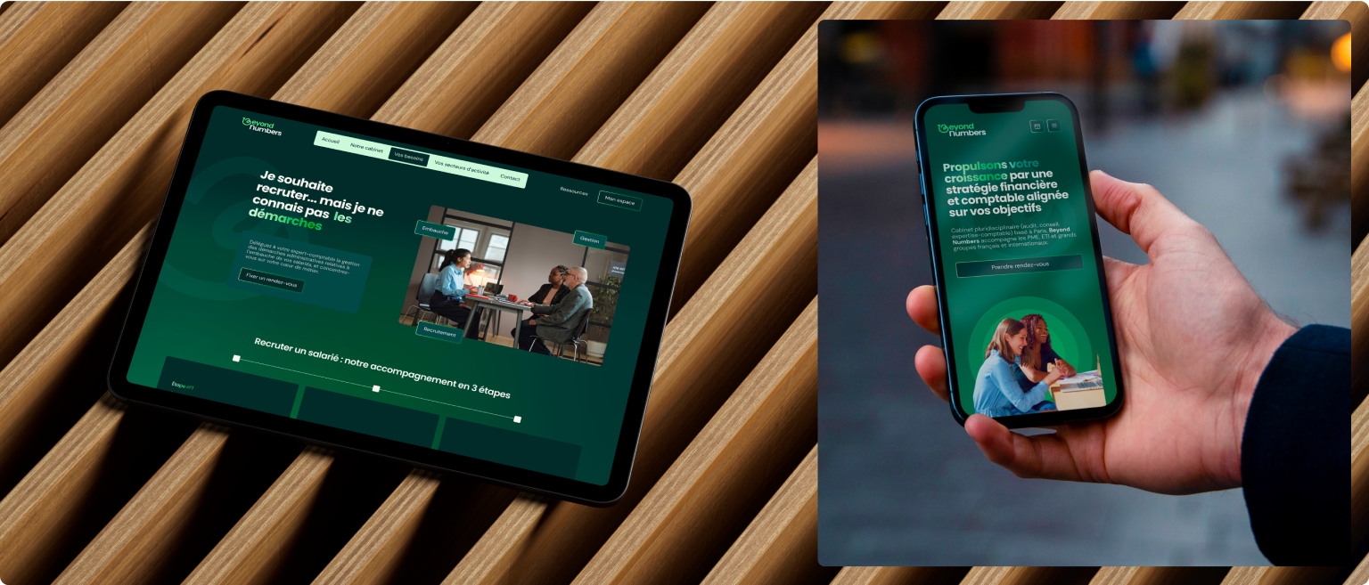 Affichage du site internet de Beyond Numbers sur tablette et smartphone après la refonte