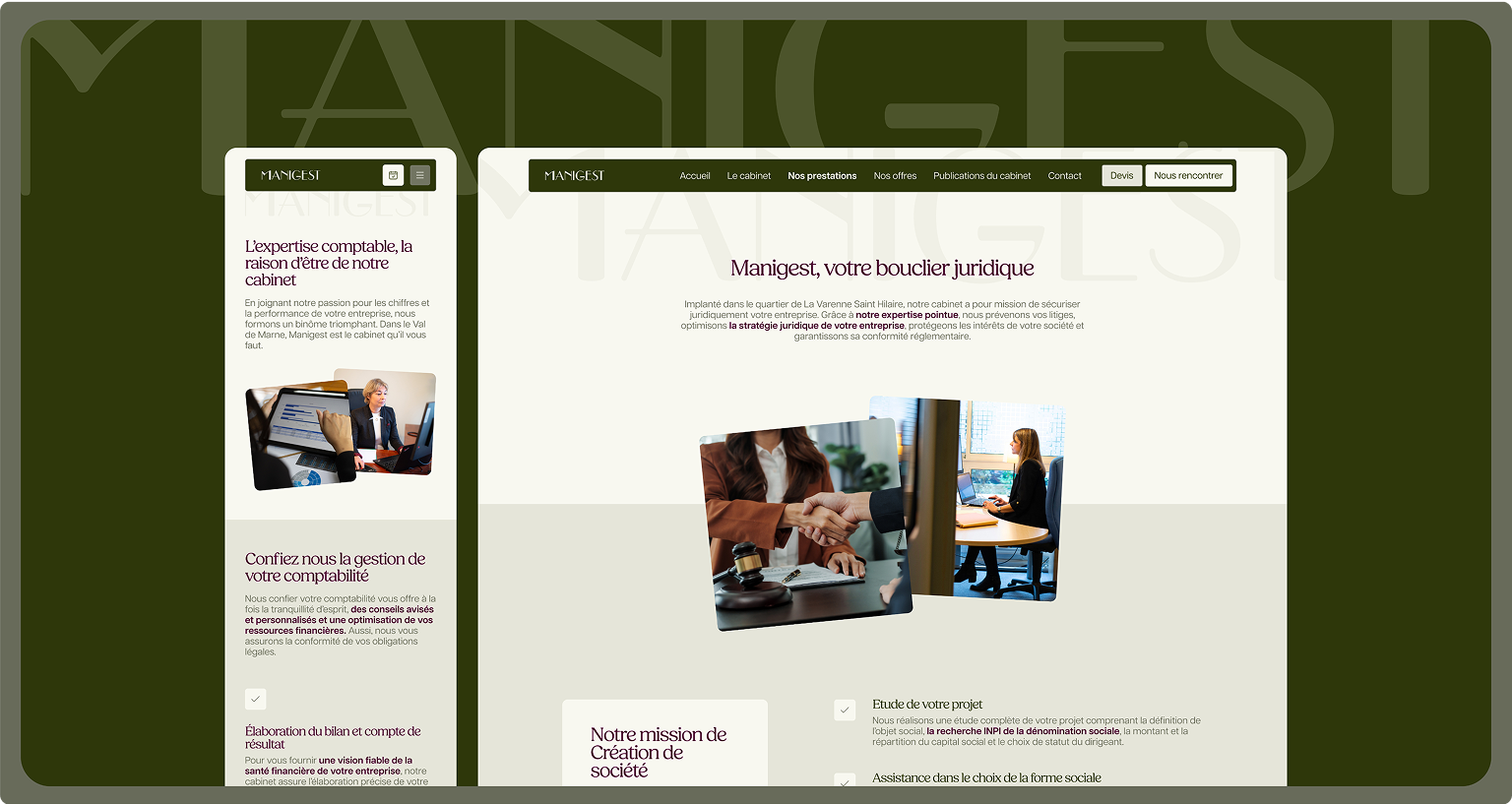 Vue du site internet Manigest après refonte : affichage desktop et mobile responsive