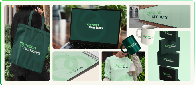 Supports de communication de Beyond Numbers : tote bag, goodies, papeterie, affichage et carte de visite avec la nouvelle identité visuelle