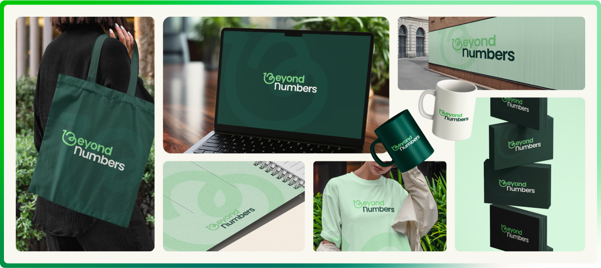 Supports de communication de Beyond Numbers : tote bag, goodies, papeterie, affichage et carte de visite avec la nouvelle identité visuelle