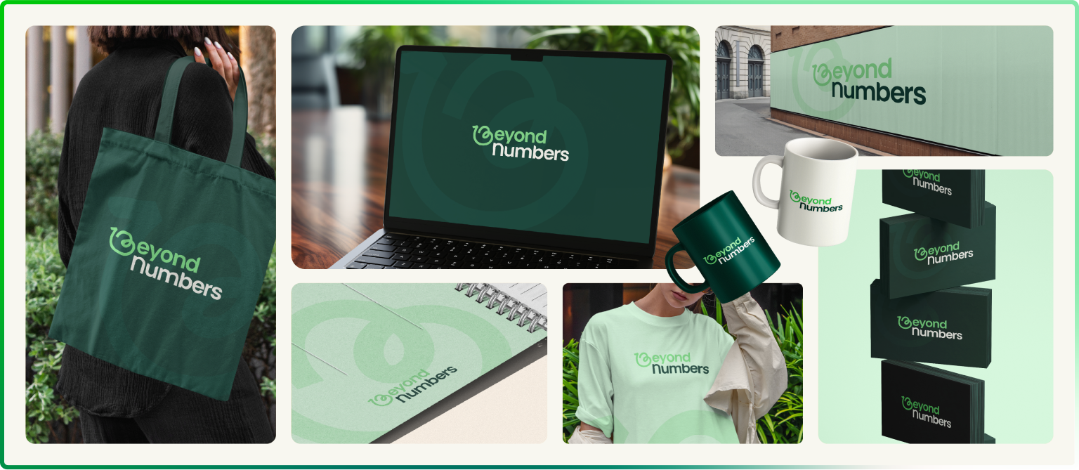 Supports de communication de Beyond Numbers : tote bag, goodies, papeterie, affichage et carte de visite avec la nouvelle identité visuelle
