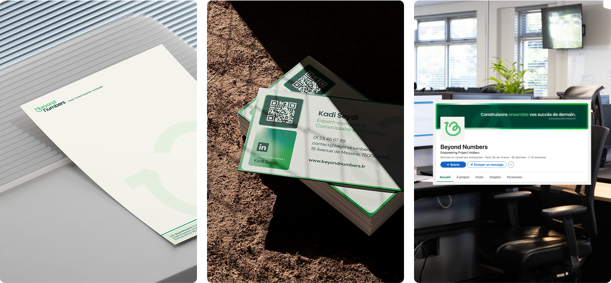 Supports individuels de Beyond Numbers : papier à en-tête, carte de visite et habillage LinkedIn avec la nouvelle identité visuelle