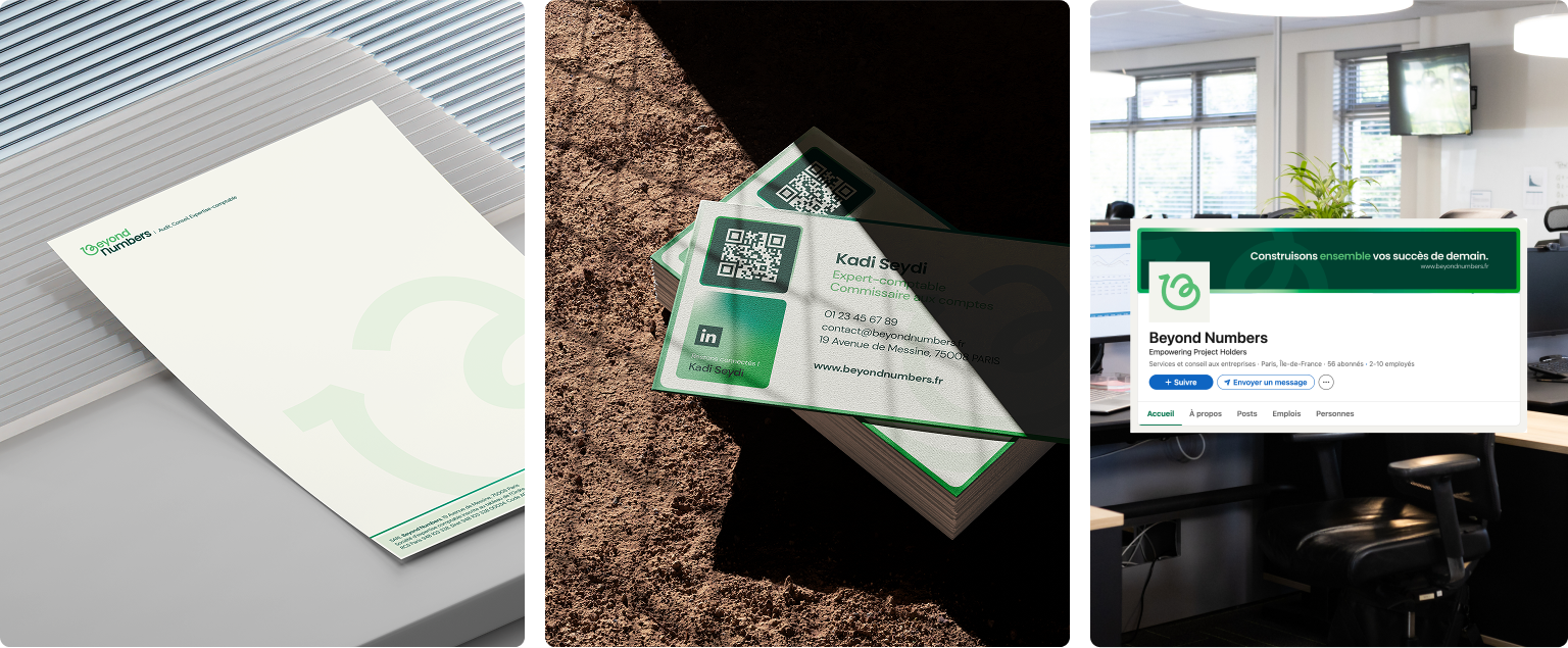Supports individuels de Beyond Numbers : papier à en-tête, carte de visite et habillage LinkedIn avec la nouvelle identité visuelle