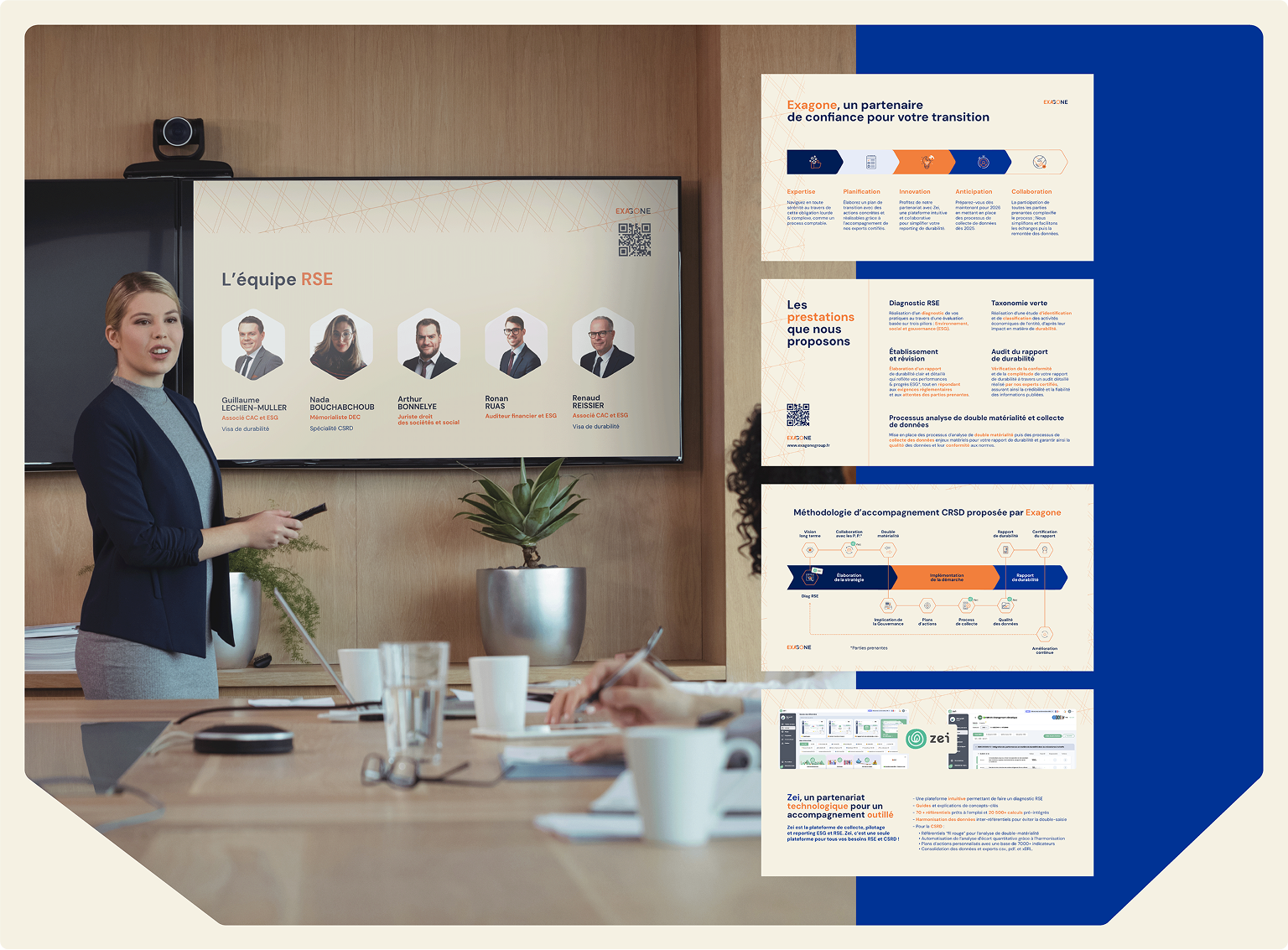 Présentation PowerPoint professionnelle du cabinet Exagone, illustrant un template aux couleurs de l'identité visuelle, avec slides types pour la RSE, l’offre de services et la méthodologie d’accompagnement.
