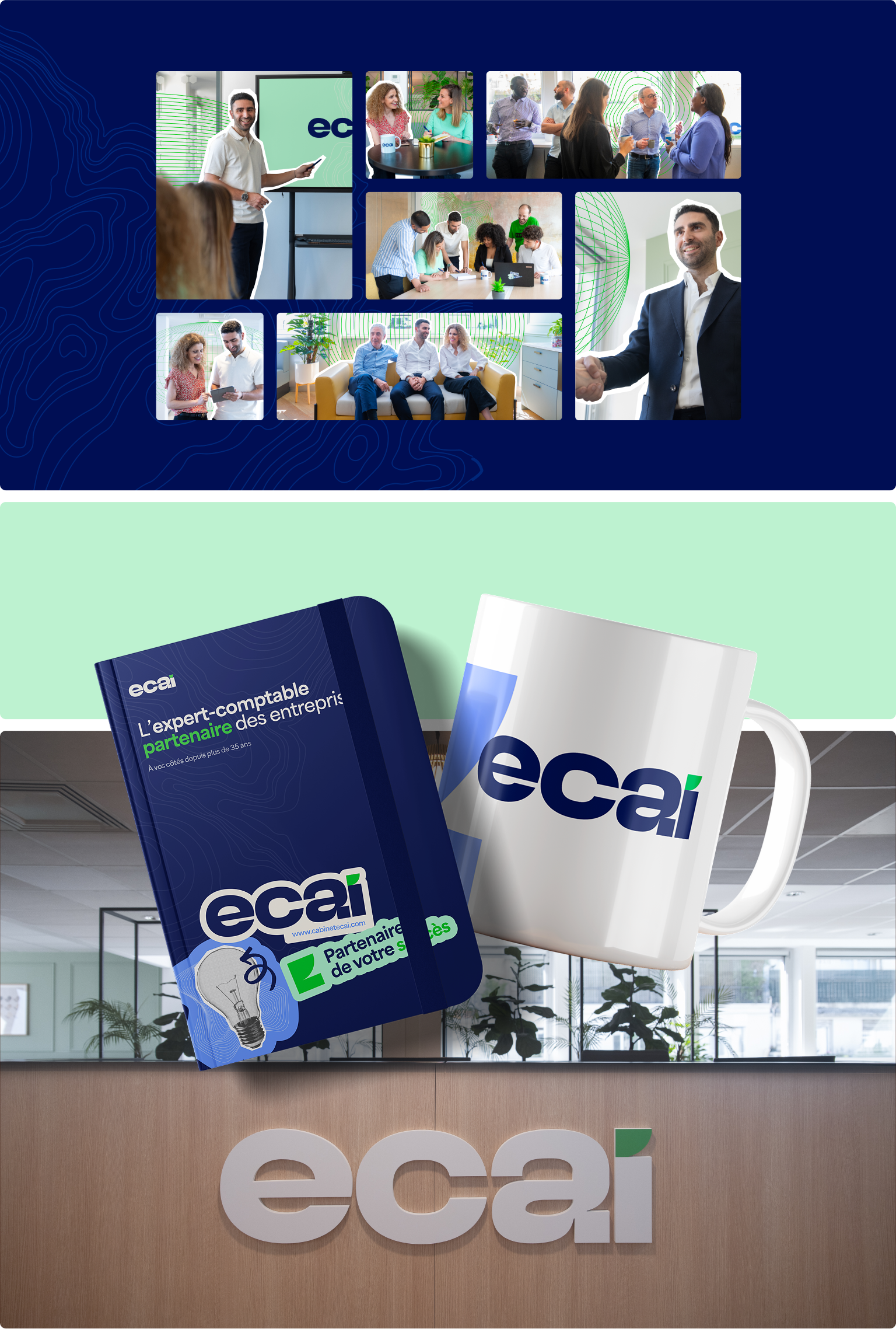 Mosaïque photos du shooting ECAI : équipe en réunion, échanges clients, handshake dirigeant et logo comptoir dans les bureaux lumineux et Goodies ECAI : mug blanc et carnet bleu marine arborant le logo et la signature “Partenaire de votre succès”.