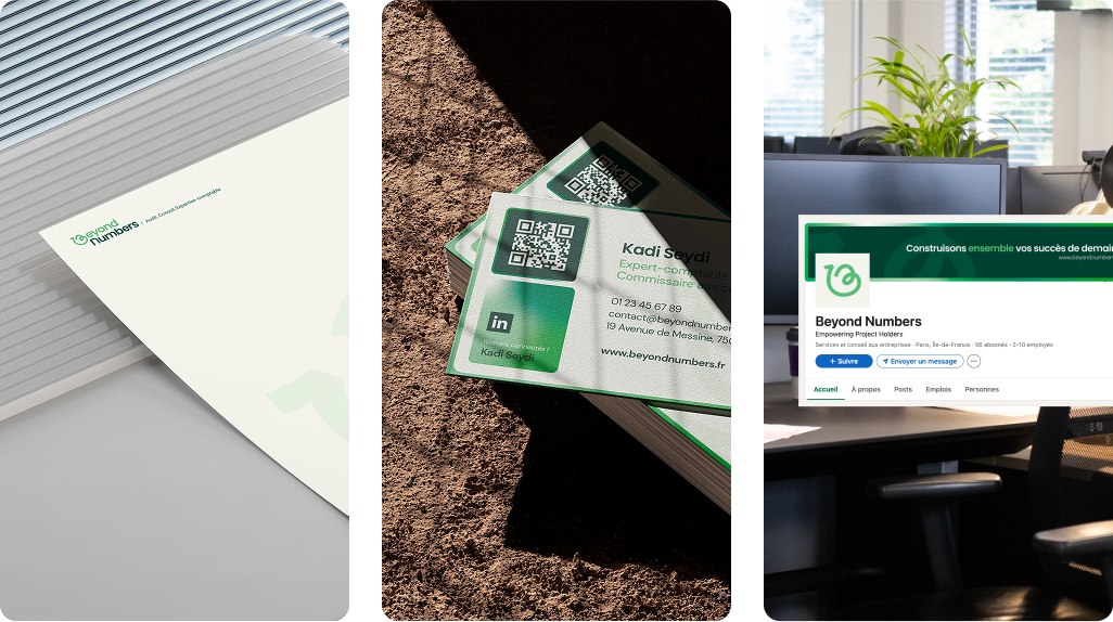 Supports individuels de Beyond Numbers : papier à en-tête, carte de visite et habillage LinkedIn avec la nouvelle identité visuelle