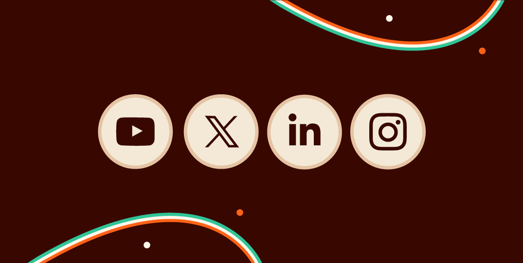 Icônes des réseaux sociaux YouTube, X (anciennement Twitter), LinkedIn et Instagram sur un fond brun avec des motifs modernes, illustrant les choix stratégiques de communication digitale pour les experts-comptables.
