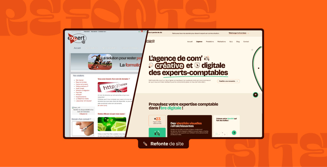 Avant/après d’une refonte de site web pour cabinet comptable réalisée par Expert SA, avec un design modernisé et une interface plus claire.