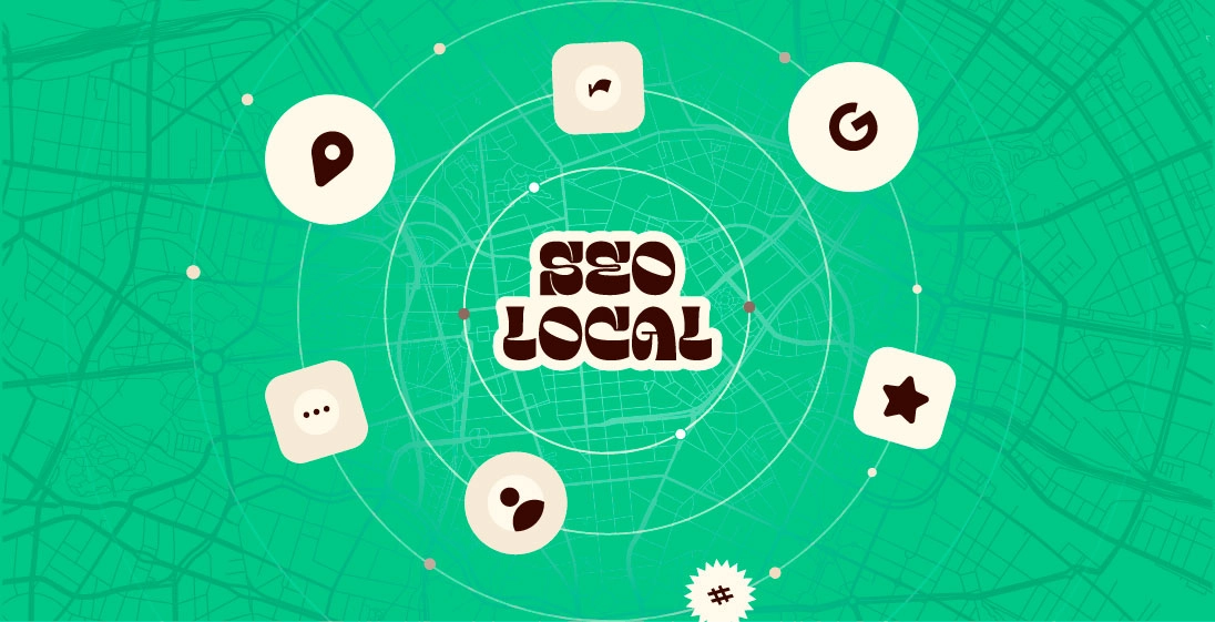 Illustration stylisée du concept de SEO local, avec des icônes de localisation, avis, carte et communication autour d’un centre de ville