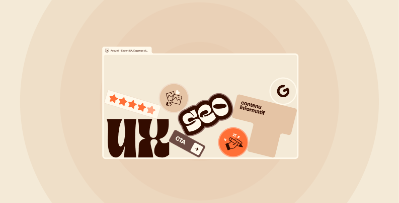 Illustration d’une interface web avec éléments UX, SEO, CTA et contenu informatif pour la création d’un site internet d’expert-comptable.