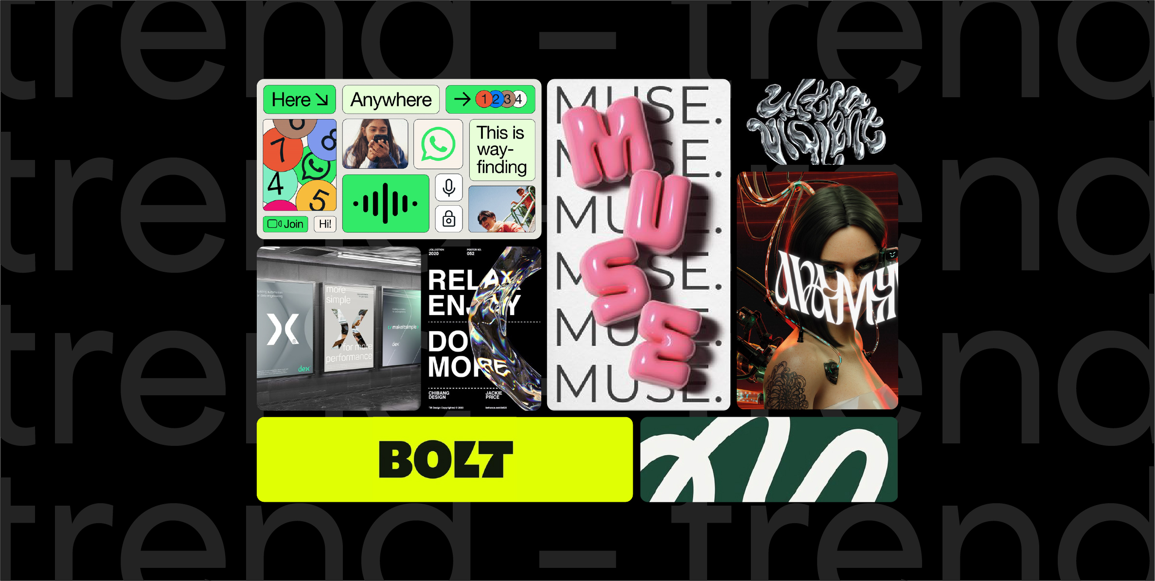 tendances graphiques 2024 année colorés écographisme typographies de taille intelligence artificielle 2D et 3D 
